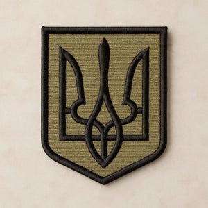 Könnte beinhalten: Ein schildförmiger, bestickter Aufnäher mit einem schwarzen ukrainischen Dreizacksymbol auf olivgrünem Hintergrund. Der Aufnäher hat einen dicken, schwarz gestickten Rand, der die Schildform nachzeichnet und für eine klare Kante sorgt.