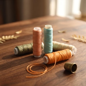 May include: Five spools of sewing thread in shades of olive green, peach, light blue, cream, and orange, arranged with a single metal thimble. The orange thread is partially unspooled, creating a circular loop on the surface near the thimble.
