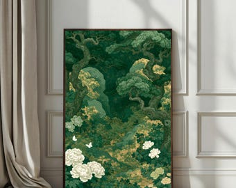 May include: A rectangular wall art print in a dark brown frame featuring a dense forest scene with deep green foliage, twisted tree trunks, and large white peony flowers. Two small white butterflies are visible among the lush greenery.