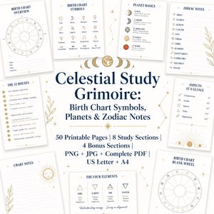 Peut inclure: Une collection de pages imprimables intitulée Celestial Study Grimoire: Birth Chart Symbols, Planets & Zodiac Notes. L'ensemble comprend des fiches sur les thèmes astraux, les symboles, les planètes, les signes du zodiaque et les maisons.