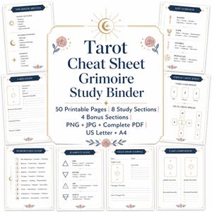 May include: A digital tarot study binder set featuring 50 printable pages with sections for major arcana, suit overviews, card study, numerology, elements, and daily draws. The design includes navy blue text, gold accents, and pink rose illustrations.