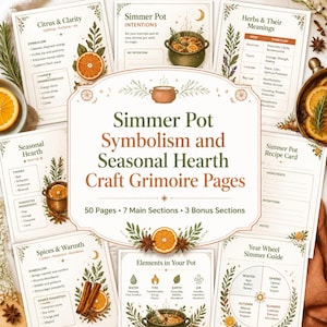 Op de afbeelding: Een verzameling gedrukte grimoire-pagina's getiteld Simmer Pot Symbolism and Seasonal Hearth Craft Grimoire Pages, met illustraties van sinaasappels, kruiden en potten. De pagina's bevatten tekst over ingrediënten, intenties en seizoensgidsen.