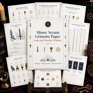 May include: A collection of printed grimoire pages for tarot study, featuring the title Minor Arcana Grimoire Pages: Suits and Number Wisdom. The pages include charts, diagrams, and illustrations of swords, wands, cups, and pentacles in blue, red, green, and gold ink on white paper.