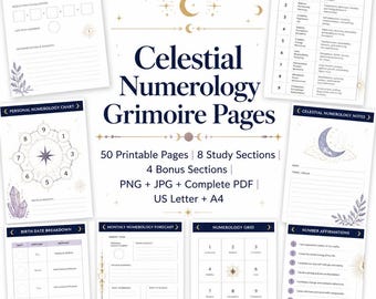 Puede incluir: Una colección de páginas de grimorio de numerología celestial con 50 hojas imprimibles que incluyen secciones de estudio, gráficos y cuadrículas. Las páginas blancas presentan texto azul oscuro, ilustraciones lunares y cristales morados.