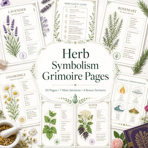 May include: A collection of printed grimoire pages featuring botanical illustrations of lavender, rosemary, chamomile, mint, and elder. The central page displays the text Herb Symbolism Grimoire Pages, 50 Pages, 7 Main Sections, 4 Bonus Sections.