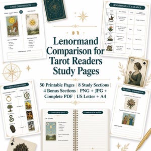May include: A collection of Lenormand comparison study pages for tarot readers, featuring printable sheets with card meanings, symbol comparisons, and notes. The text includes Lenormand Comparison for Tarot Readers Study Pages, 50 Printable Pages, 8 Study Sections, 4 Bonus Sections, PNG, JPG, Complete PDF, US Letter, and A4.