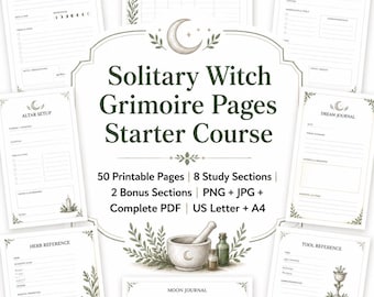 Solitary Witch Grimoire Seiten Starterkurs, 50-seitiges druckbares Buch der Schatten für Anfänger im Hexenhandwerk