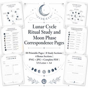 Grimoire des phases de la lune : pages imprimables du Livre des Ombres | Correspondances lunaires, étude rituelle, ensemble de 50 pages