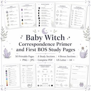 以下が含まれることがあります： Baby Witch Correspondence Primer and First BOS Study Pagesと題された印刷可能な学習ページのコレクション。ハーブ、クリスタル、月の満ち欠け、元素、惑星のチャートに加え、カラーガイドやワークシートが含まれており、A4サイズで利用可能です。