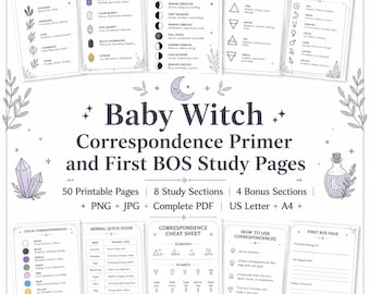 May include: A collection of printable study pages titled Baby Witch Correspondence Primer and First BOS Study Pages. The set includes charts for herbs, crystals, moon phases, elements, and planets, plus color guides and worksheets in US Letter size.