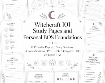 Könnte beinhalten: Eine Sammlung druckbarer Lernseiten mit dem Titel Witchcraft 101 Study Pages and Personal BOS Foundations. Das Set enthält 50 Seiten mit Abschnitten für Zauberplanung, tägliche Reflexion, Mondtagebücher und Kristallreferenzen in Schwarz-Weiß.