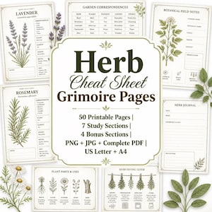 May include: A collection of printable Herb Cheat Sheet Grimoire pages featuring botanical illustrations of lavender, rosemary, and chamomile. The central text reads Herb Cheat Sheet Grimoire Pages, 50 Printable Pages, 7 Study Sections, 4 Bonus Sections, PNG + JPG + Complete PDF, US Letter + A4.