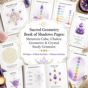 Pages du livre des ombres de géométrie sacrée pour le Cube de Métatron, étude des chakras, notes sur les cristaux et grimoire imprimable, pages de grimoire
