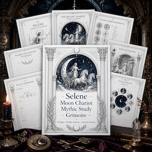 Può includere: Una raccolta di pagine stampate e un libro centrale intitolato Selene Moon Chariot Mythic Study Grimoire, con illustrazioni di una figura su un carro trainato da cavalli, fasi lunari e schede rituali con testo in inchiostro nero su carta bianca.