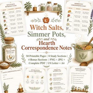 Op de afbeelding: Een verzameling printbare pagina's getiteld Witch Salts, Simmer Pots, and Hearth Correspondence Notes. De set bevat referentiegidsen, grafieken en menginstructies met illustraties van kruiden, potten en pannen met tekst.