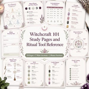 Pode incluir: Uma coleção de páginas de estudo Witchcraft 101 e folhas de referência de ferramentas rituais com texto impresso, diagramas de fases da lua, os 5 elementos, cristais, ervas, magia com velas e a roda do ano em papel branco.
