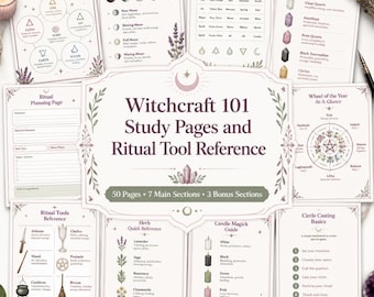 Könnte beinhalten: Eine Sammlung von Witchcraft 101 Lernseiten und Referenzblättern für Ritualwerkzeuge mit gedrucktem Text, Diagrammen zu Mondphasen, den 5 Elementen, Kristallen, Kräutern, Kerzenmagie und dem Jahreskreis auf weißem Papier mit floralen Akzenten.