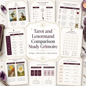Op de afbeelding: Een verzameling gedrukte pagina's getiteld Tarot and Lenormand Comparison Study Grimoire, met grafieken, kaartvergelijkingen en lay-outs met donkerpaarse tekst op een witte achtergrond, georganiseerd in 50 pagina's met 7 hoofdsecties.