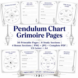 May include: A collection of printable grimoire pages featuring pendulum charts, study worksheets, and practice journals. The white pages include black text, circular diagrams, and pendulum illustrations with the title Pendulum Chart Grimoire Pages.