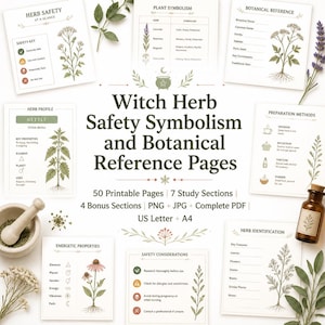 May include: A collection of printable pages titled Witch Herb Safety Symbolism and Botanical Reference Pages, featuring botanical illustrations, safety keys, herb profiles, and preparation methods, alongside a mortar and pestle and a glass bottle.