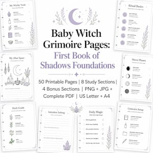 Peut inclure: Un ensemble de pages de grimoire imprimables intitulé Baby Witch Grimoire Pages: First Book of Shadows Foundations. Le lot comprend 50 pages avec des sections sur les outils magiques, les rituels, l'autel, les phases lunaires et les herbes.