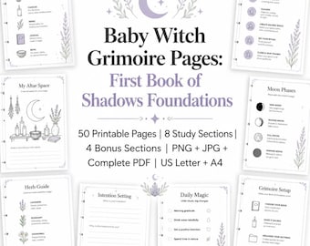 Könnte beinhalten: Eine Sammlung druckbarer Grimoire-Seiten mit dem Titel Baby Witch Grimoire Pages: First Book of Shadows Foundations. Das Set enthält 50 Seiten mit Abschnitten zu magischen Werkzeugen, Ritualgrundlagen, Altarraum, Mondphasen und Kräutern.