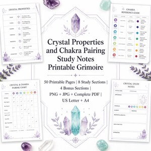 May include: A collection of printable study notes and charts titled Crystal Properties and Chakra Pairing Study Notes Printable Grimoire. The pages feature tables, lists, and diagrams with purple and teal crystal illustrations and lavender sprigs.