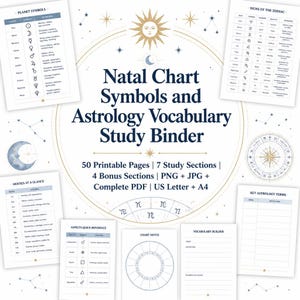 May include: A digital study binder titled Natal Chart Symbols and Astrology Vocabulary Study Binder, featuring 50 printable pages, 7 study sections, 4 bonus sections, and formats including PNG, JPG, and PDF in US Letter and A4 sizes.