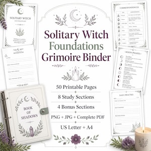 Może przedstawiać: Zestaw segregatorów Solitary Witch Foundations Grimoire zawierający 50 stron do druku, 8 sekcji do nauki i 4 sekcje dodatkowe. Kolekcja obejmuje segregator Book of Shadows, tabele korespondencji oraz przewodniki po fazach księżyca.