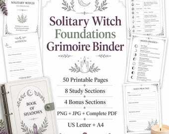 Könnte beinhalten: Ein Solitary Witch Foundations Grimoire-Ordner-Set mit 50 druckbaren Seiten, 8 Lernabschnitten und 4 Bonusabschnitten. Die Sammlung enthält einen Book of Shadows-Ordner, Korrespondenztabellen, Mondphasen-Leitfäden und tägliche Übungsblätter.