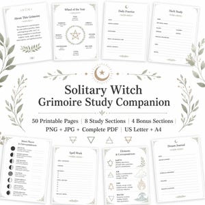 Puede incluir: Un conjunto Solitary Witch Grimoire Study Companion con 50 páginas imprimibles, 8 secciones de estudio y 4 secciones adicionales en formatos US Letter y A4. Incluye páginas para Wheel of the Year, Daily Practice, Herb Study, Moon Phases, Spell Work y Dream Journal.