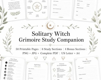 Könnte beinhalten: Ein Solitary Witch Grimoire Study Companion Set mit 50 druckbaren Seiten, 8 Studienabschnitten und 4 Bonusabschnitten in US Letter und A4 Formaten. Enthält Seiten für Wheel of the Year, Daily Practice, Herb Study, Moon Phases, Spell Work und Dream Journal.