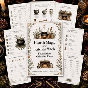 May include: A collection of printed grimoire pages titled Hearth Magic and Kitchen Witch Foundations. The pages feature illustrations of cauldrons, fireplaces, and herbs, alongside tables for herb correspondences, moon phases, and kitchen substitutions.