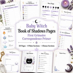 May include: A collection of Baby Witch Book of Shadows pages featuring a central title card, a table of contents, and various correspondence sheets for herbs, crystals, moon phases, elements, and planets, all decorated with purple and black illustrations.