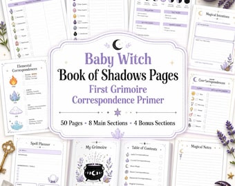 Könnte beinhalten: Eine Sammlung von Baby Witch Book of Shadows-Seiten mit einer zentralen Titelkarte, einem Inhaltsverzeichnis und verschiedenen Korrespondenzblättern für Kräuter, Kristalle, Mondphasen, Elemente und Planeten, verziert mit violetten und schwarzen Illustrationen.