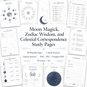 Pode incluir: Uma coleção de páginas de estudo imprimíveis intitulada Moon Magick, Zodiac Wisdom, and Celestial Correspondence Study Pages. O conjunto inclui 50 páginas, 7 seções de estudo, 3 seções bônus, em PNG, JPG e PDF em US Letter e A4.