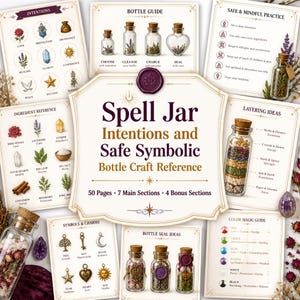 Pode incluir: Uma coleção de cartões informativos intitulada Spell Jar Intentions and Safe Symbolic Bottle Craft Reference, apresentando guias sobre preparação de frascos, referências de ingredientes, ideias de camadas, símbolos, amuletos e magia das cores.