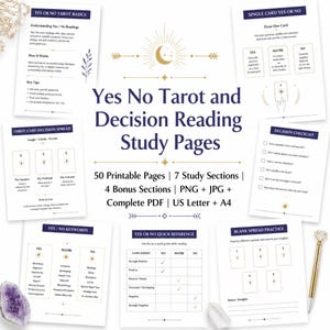 May include: A collection of printable tarot study pages featuring the title Yes No Tarot and Decision Reading Study Pages, with sections for card basics, decision spreads, checklists, and reference charts, all displayed on white paper sheets.