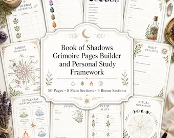 May include: A collection of printed Book of Shadows Grimoire pages featuring sections for herbal reference, crystal correspondences, moon phases, spell planning, sabbat overviews, daily practices, elemental correspondences, and plant allies.
