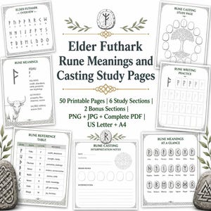 May include: A collection of printable Elder Futhark rune study pages featuring charts, writing practice sheets, and casting interpretation logs. The text includes Elder Futhark Rune Meanings and Casting Study Pages, 50 Printable Pages, 6 Study Sections, 2 Bonus Sections, PNG, JPG, Complete PDF, US Letter, and A4.