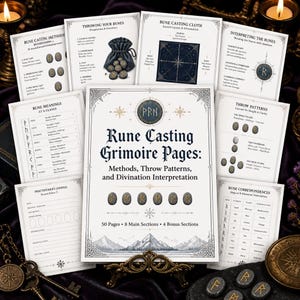 May include: A collection of printed grimoire pages for rune casting, featuring instructional guides, throw patterns, and interpretation charts. The central page is titled Rune Casting Grimoire Pages: Methods, Throw Patterns, and Divination Interpretation.