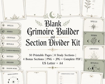 Könnte beinhalten: Ein digitales Set für einen Grimoire-Baukasten mit druckbaren Seiten und Abschnittstrennern. Der Text lautet Blank Grimoire Builder and Section Divider Kit, 50 Printable Pages, 8 Study Sections, 4 Bonus Sections, PNG + JPG + Complete PDF, US Letter + A4. Enthält verschiedene Vorlagen für Notizen, Zaubersprüche, Kräuter und Mondjournale.