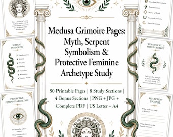 Medusa-Grimoire-Seiten zum Ausdrucken, Mythologie-Studium, Schlangensymbolik, Buch der Schatten, Schutzarchetyp