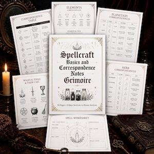 Pode incluir: Uma coleção de páginas impressas intitulada Spellcraft Basics and Correspondence Notes Grimoire, apresentando tabelas de elementos, correspondências planetárias, ervas, ferramentas mágicas e uma folha de feitiços com ilustrações de velas.