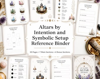 Könnte beinhalten: Eine Sammlung gedruckter Seiten für einen Altars by Intention and Symbolic Setup Reference Binder. Die Seiten enthalten Diagramme, Tabellen und Texte, darunter Altar Anatomy, Symbolic Correspondences, Intention Planning und Moon Phase Alignment.