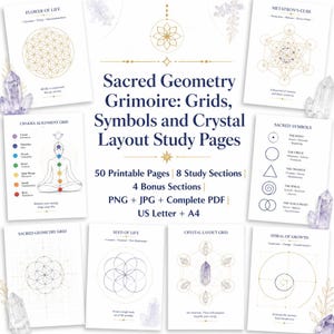 Könnte beinhalten: Eine Sammlung druckbarer Seiten mit dem Titel Sacred Geometry Grimoire: Grids, Symbols and Crystal Layout Study Pages. Das Set enthält 50 Seiten mit Diagrammen wie der Blume des Lebens, dem Metatron-Würfel, Chakren und heiligen Symbolen.