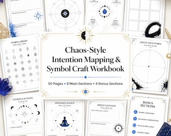 Könnte beinhalten: Ein Chaos-Style Intention Mapping & Symbol Craft Arbeitsbuch mit 50 Seiten, 8 Hauptabschnitten und 4 Bonusabschnitten. Das Arbeitsbuch enthält weiße Seiten mit schwarzem Text, geometrischen Diagrammen, Himmelsmotiven und blauen Kristallillustrationen.