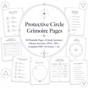 May include: A collection of printable grimoire pages titled Protective Circle Grimoire Pages, featuring 50 pages, 8 study sections, and 4 bonus sections in PNG, JPG, and PDF formats for US Letter and A4 sizes, with various charts and checklists.