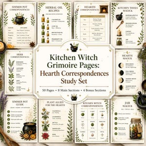 Kitchen Witch Grimoire Pages for Hearth Magic, Herbal Correspondences, Simmer Pots, Oils, Salts & BOS Study, book of shadows