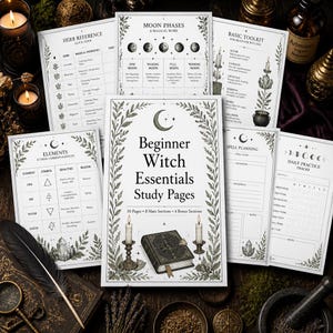 May include: A collection of white paper study pages titled Beginner Witch Essentials Study Pages, featuring black text, botanical illustrations, and tables for herb references, moon phases, elements, spell planning, and daily practice trackers.